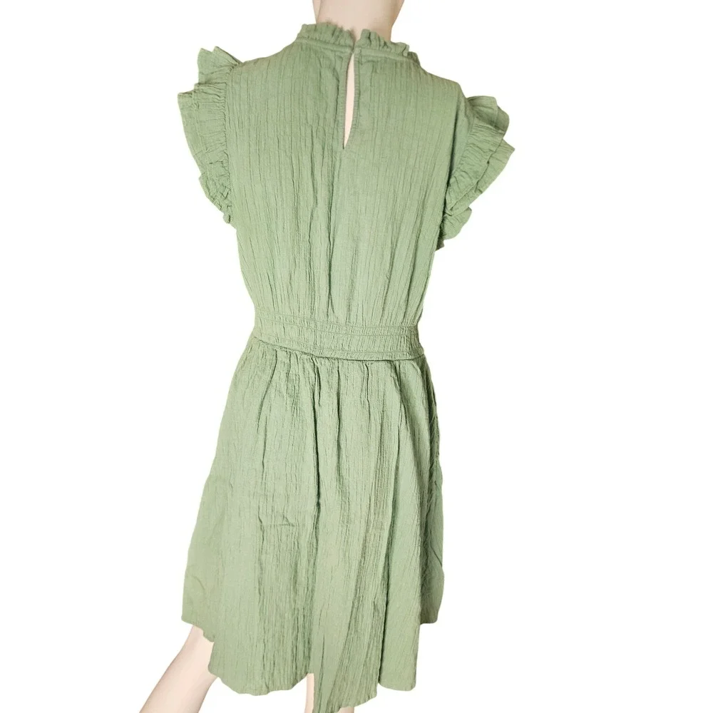 J. Crew Sage Green Ruffle Mini Dress SZ M Crinkle Fabric Keyhole Back